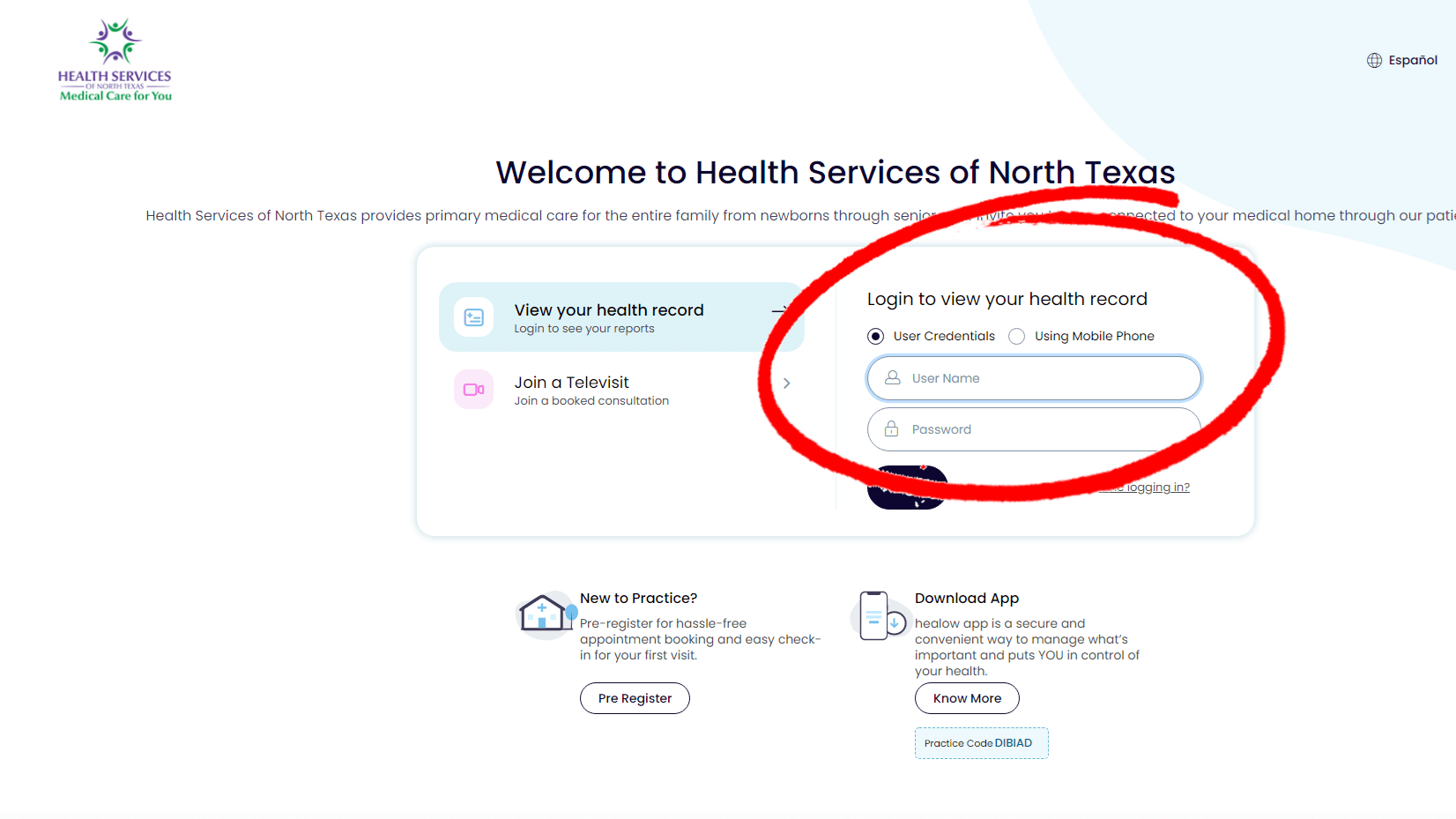 Screenshot of patient portal w