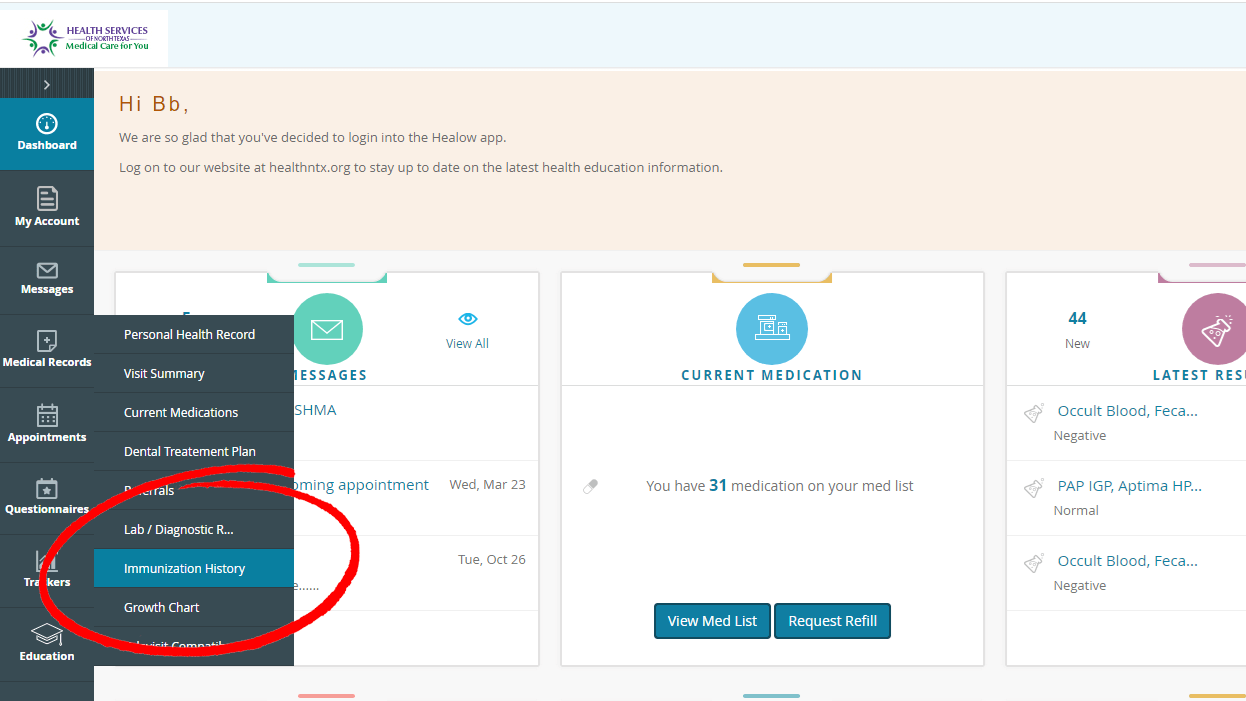 Screenshot of patient portal