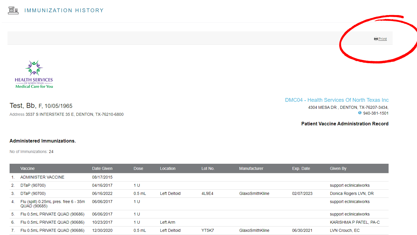 Screenshot of patient portal